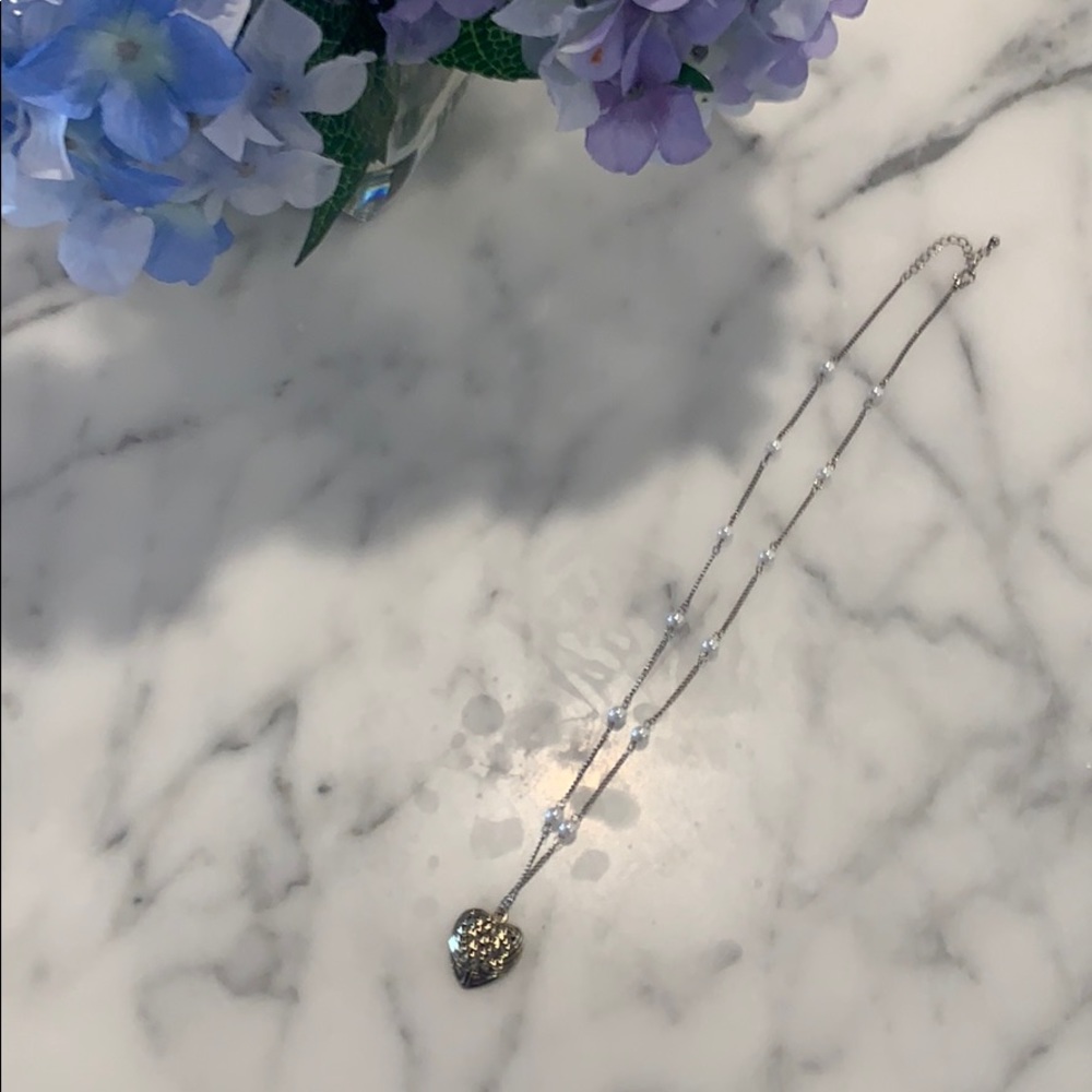 Long silver and pearl gold heart necklace
